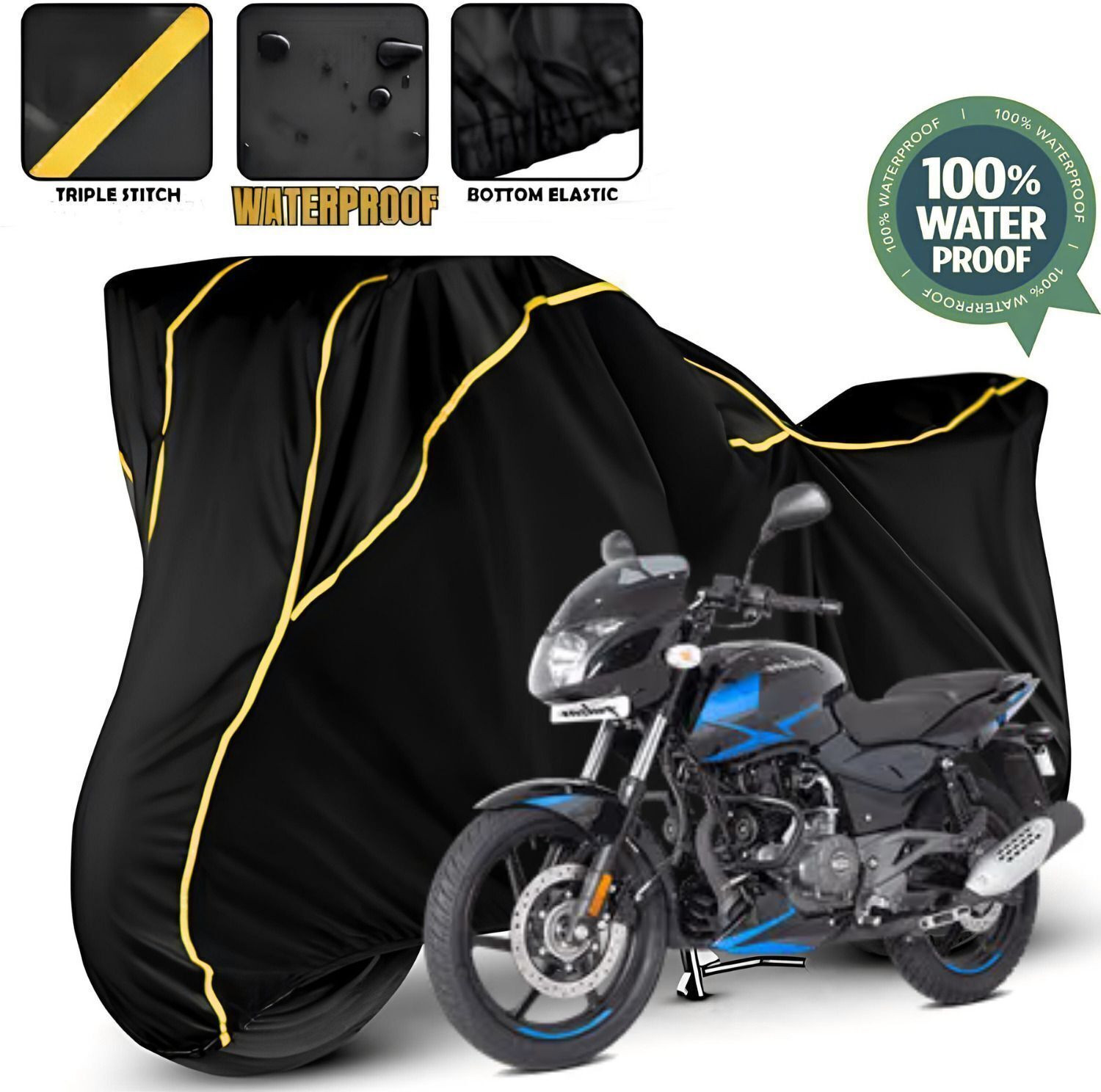 Image of FBC Waterproof Two Wheeler Cover for Bajaj (Pulsar 150, Black, Yellow)