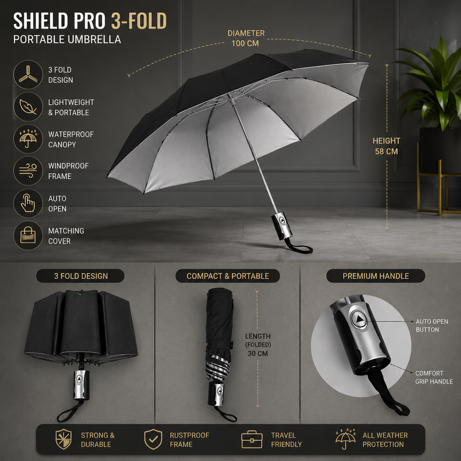 Image of BGAUTO Black Guard Automatic Open 3 Fold Umbrella with Cover Sun & Rain Protection Umbrella (Black)