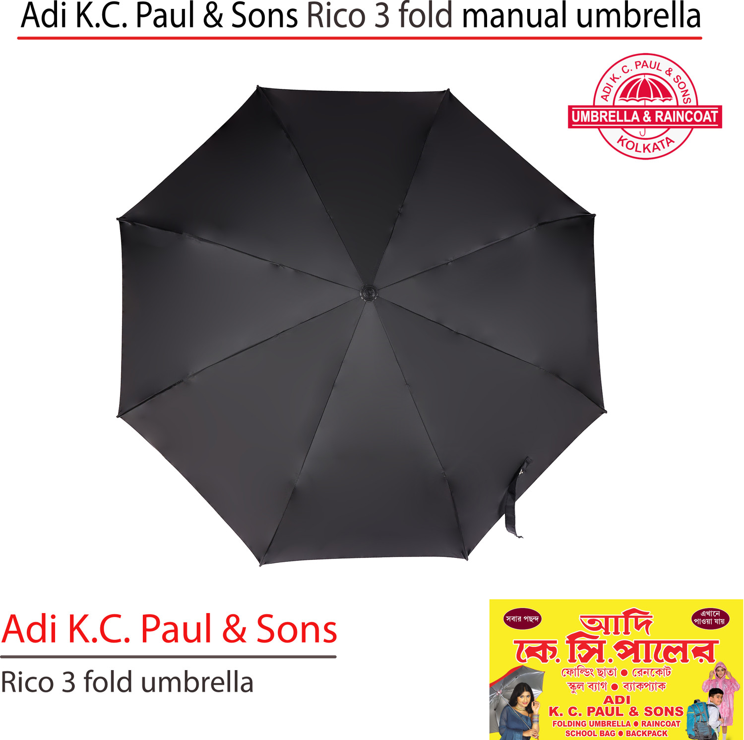 Image of adi k c paul & sons RICO 3 FOLD Umbrella for men & women | 3 fold umbrella for women | KC Paul Umbrella (Black, Silver)