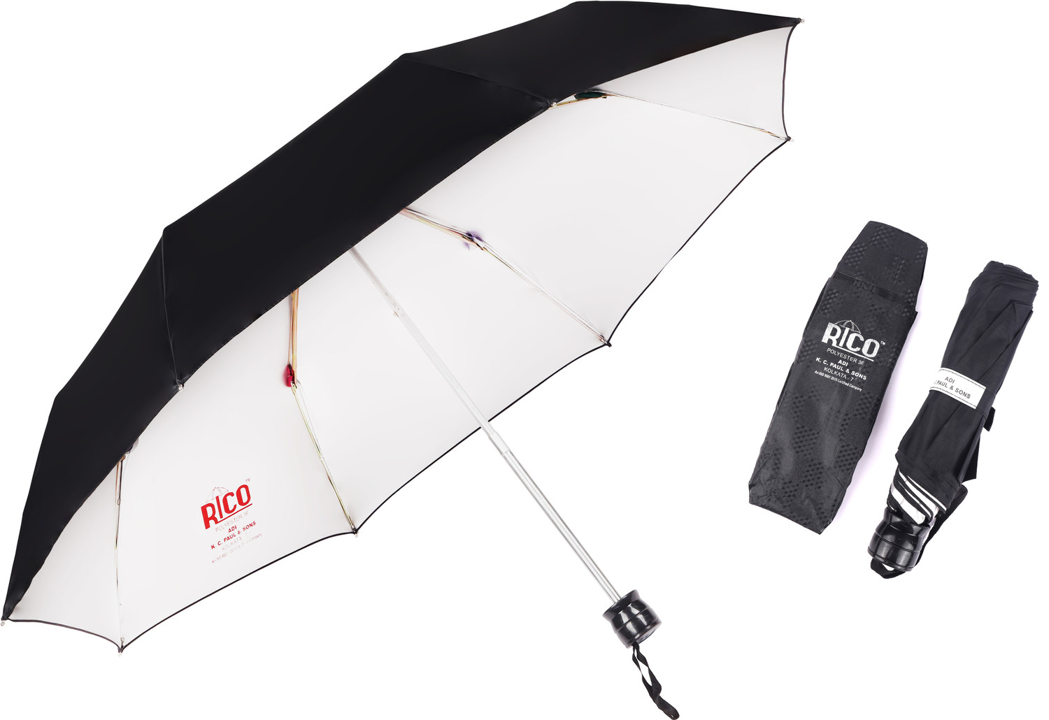 Image of adi k c paul & sons RICO 3 FOLD Umbrella for men & women | 3 fold umbrella for women | KC Paul Umbrella (Black, Silver)