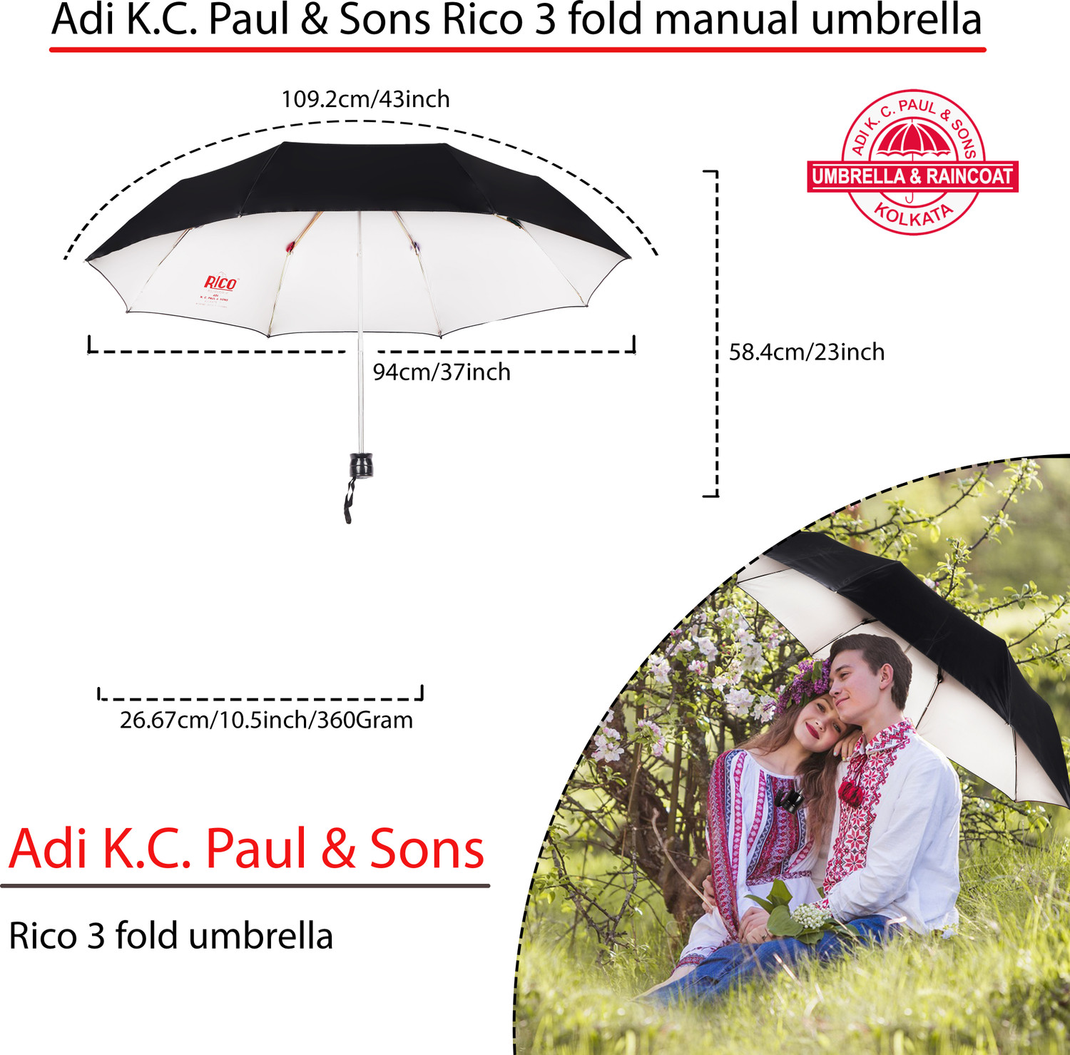 Image of adi k c paul & sons RICO 3 FOLD Umbrella for men & women | 3 fold umbrella for women | KC Paul Umbrella (Black, Silver)