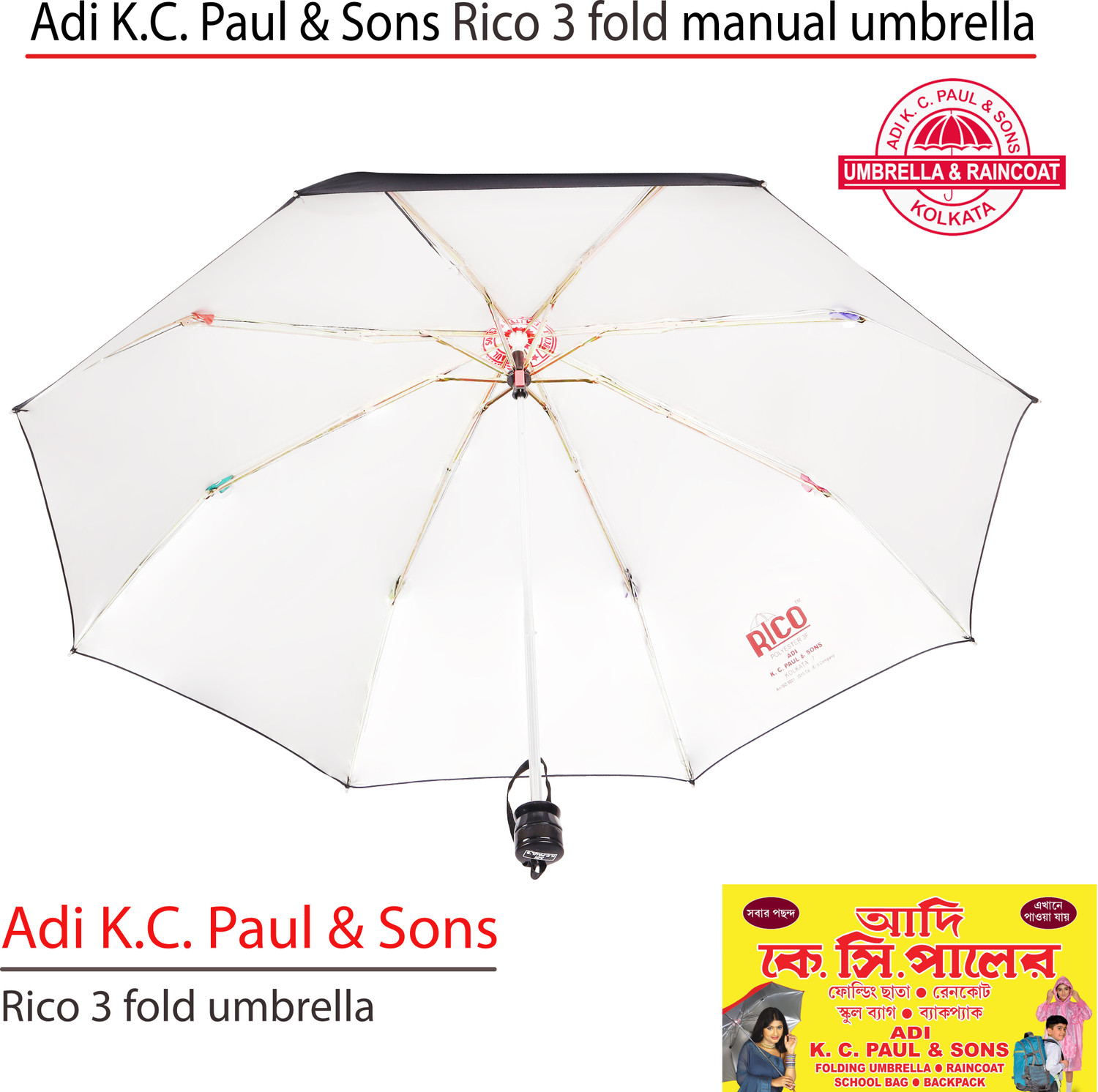 Image of adi k c paul & sons RICO 3 FOLD Umbrella for men & women | 3 fold umbrella for women | KC Paul Umbrella (Black, Silver)