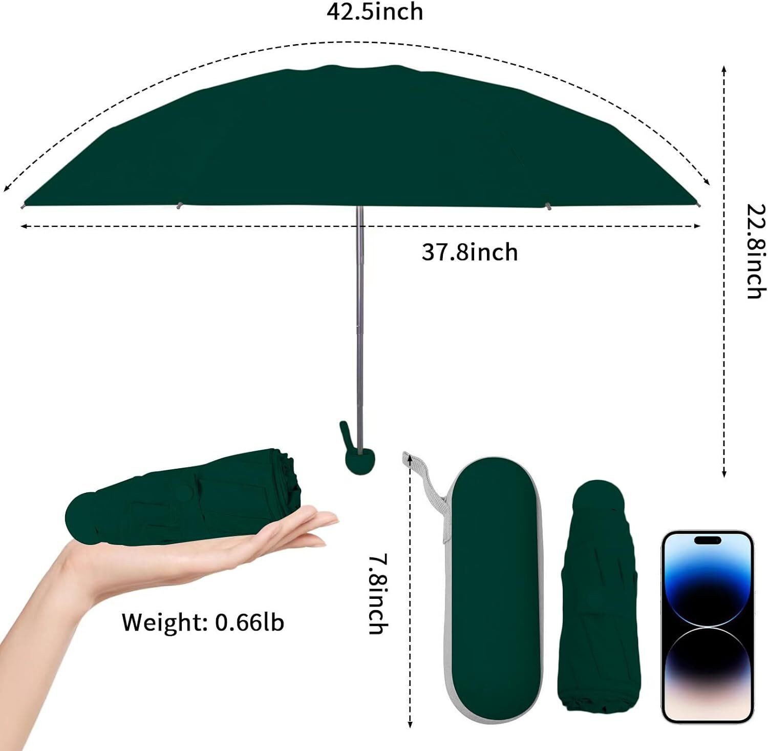 Image of CITRODA Pocket Travel Umbrella Windproof (Manual Open) Sun Rain Mini Ultra-Light 2 Fold Umbrella (Green)