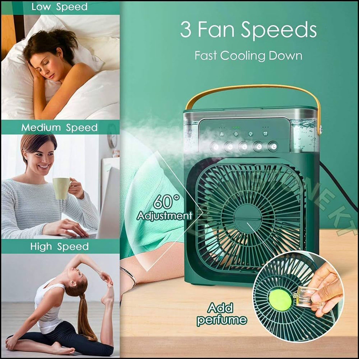 Image of uzone Portable mist cooling fan with powerful 5-Spray airflow-silent operation Air Cooler Spray Function Portable Mist Cooling For Home Office and Outdoor Uses USB Air Cooler (Green)