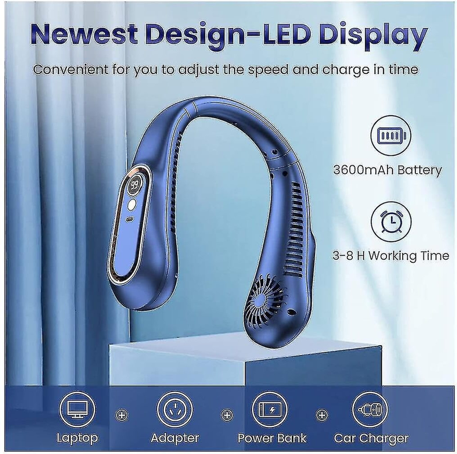 Image of Luranol CoLightweighty To Carry Neck Eaoling Fan For Women Kitchen and Summer Mini Handheld Portable Rechargeable, Small Type-c charger cable USB Fan (Blue-D03)