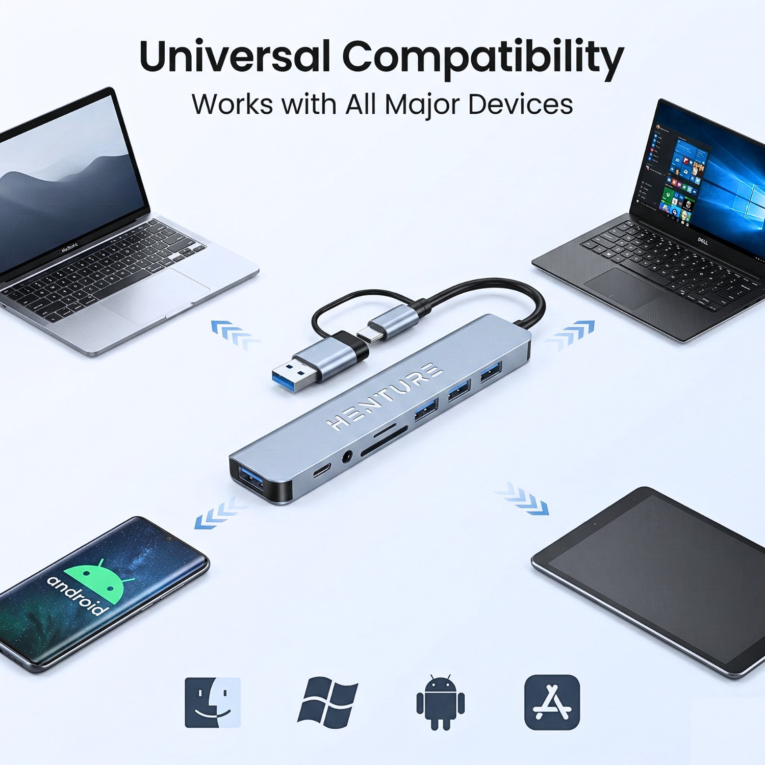 Image of Henture 8 in 1 USB Hub with USB 3.0, 3 USB 2.0, SD /TF Card Reader & 3.5mm Audio Dual Connector USB-A & Type-C Multiport Adapter for Laptop, PC & Mac USB Hub (Grey)