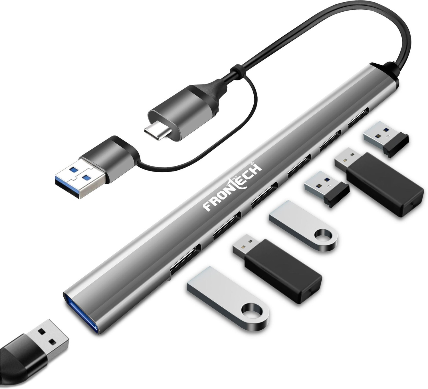 Image of Henture 8 in 1 USB Hub with USB 3.0, 3 USB 2.0, SD /TF Card Reader & 3.5mm Audio Dual Connector USB-A & Type-C Multiport Adapter for Laptop, PC & Mac USB Hub (Grey)