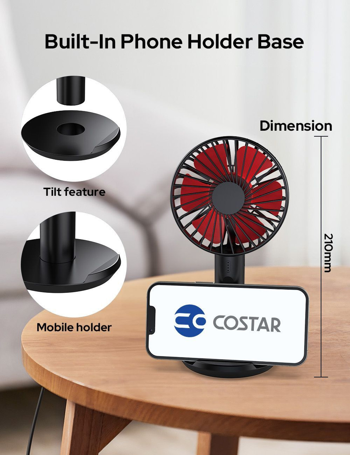 Image of Costar Mini Portable Fan, Brushless Motor Hand Fan with Table Phone Holder Base, 3 Speeds Small Fan, USB Rechargeable Fan for Indoor and Outdoor Use USB Fan (Black, Red)