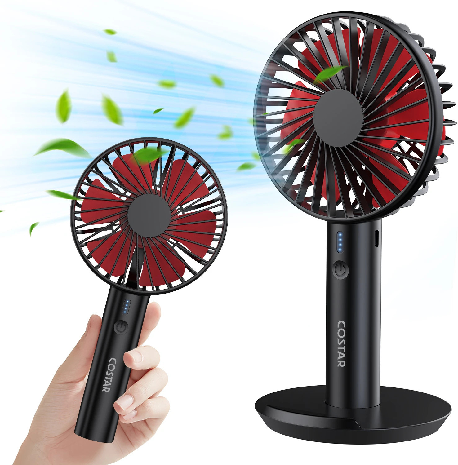 Image of Costar Mini Portable Fan, Brushless Motor Hand Fan with Table Phone Holder Base, 3 Speeds Small Fan, USB Rechargeable Fan for Indoor and Outdoor Use USB Fan (Black, Red)
