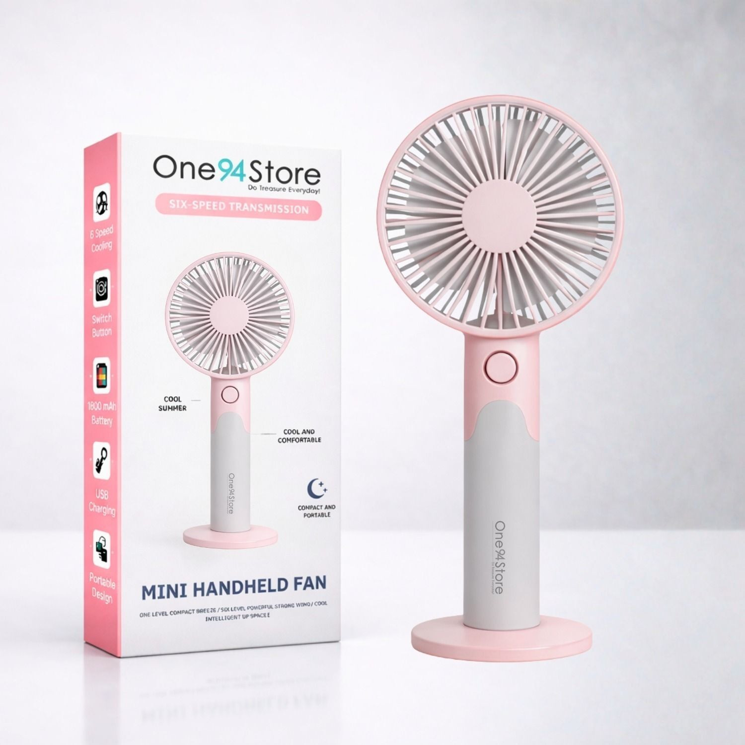 Image of One94Store multi Premium Mini Fan, 3-Speed Mode, USB Charging Fan, Hand Fan, 1800mAh Battery, Silent High Airflow USB Fan (Pink)