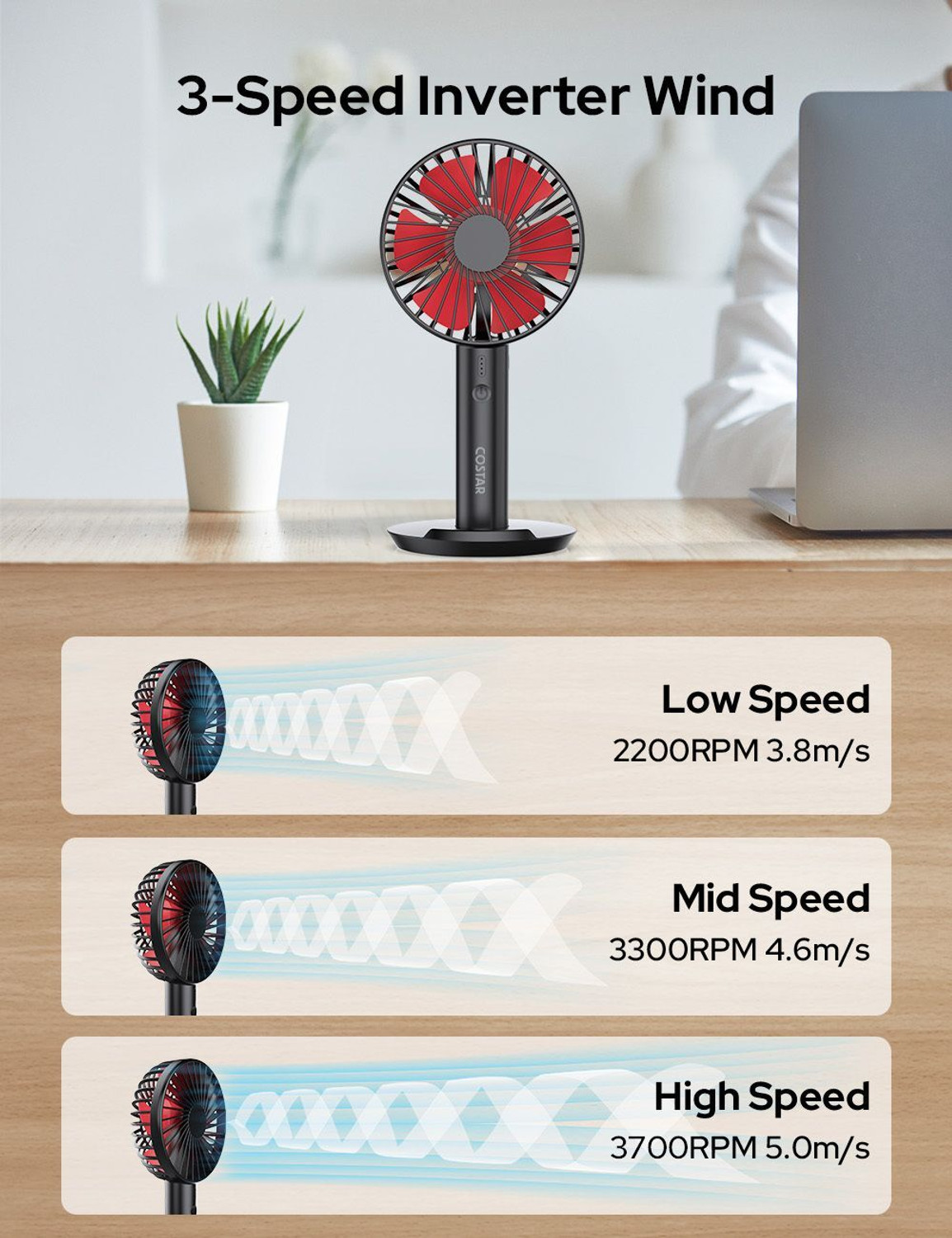 Image of Costar Mini Portable Fan, Brushless Motor Hand Fan with Table Phone Holder Base, 3 Speeds Small Fan, USB Rechargeable Fan for Indoor and Outdoor Use USB Fan (Black, Red)