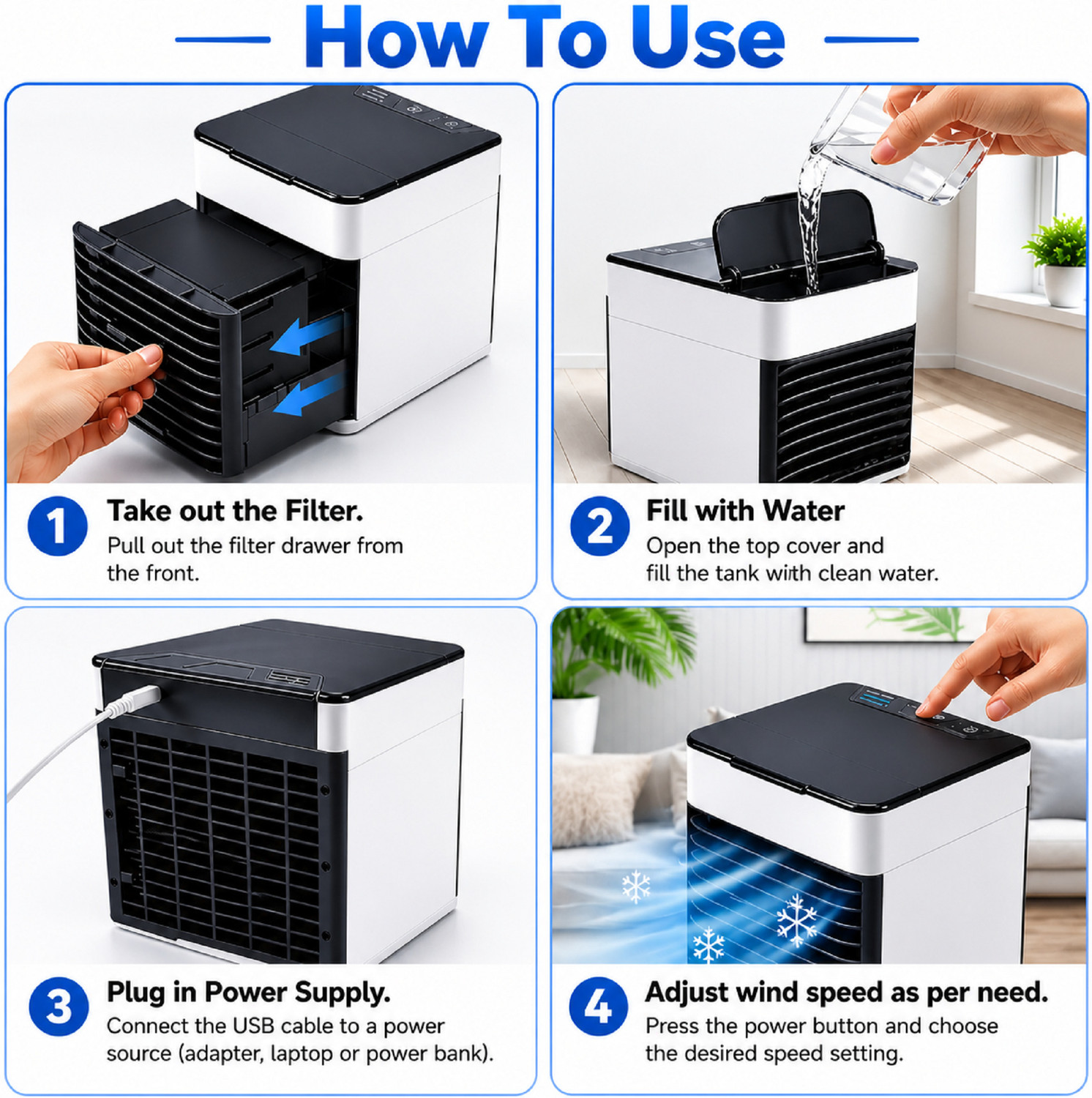 Image of JAVINEX Portable Mini Arctic Air Cooler USB Powered Personal Cooling Fan 3 Speed AAC-01 USB Air Cooler (White, Grey, Blue)