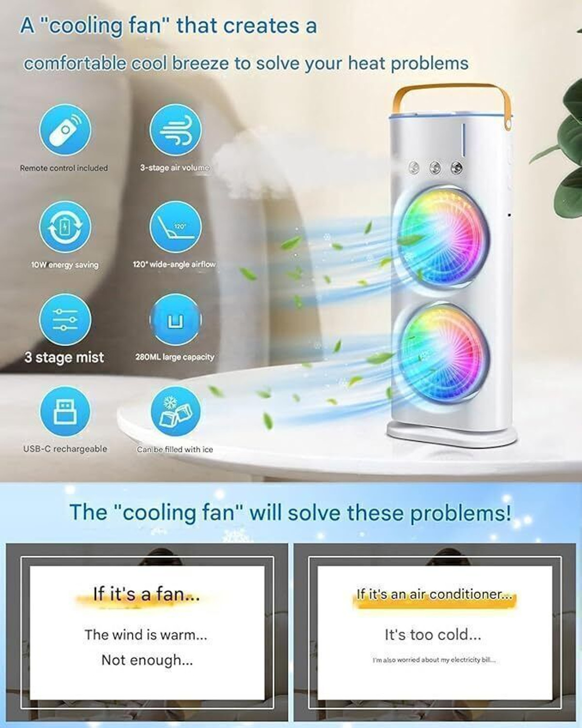 Image of ravya enterprises Double Fan Mist Cooler Portable Air Conditioner Fan Without remote Double End Air Cooler Fan | Double End Mist Cooler Fan | Mini Air Cooler USB Air Cooler (Multicolor)