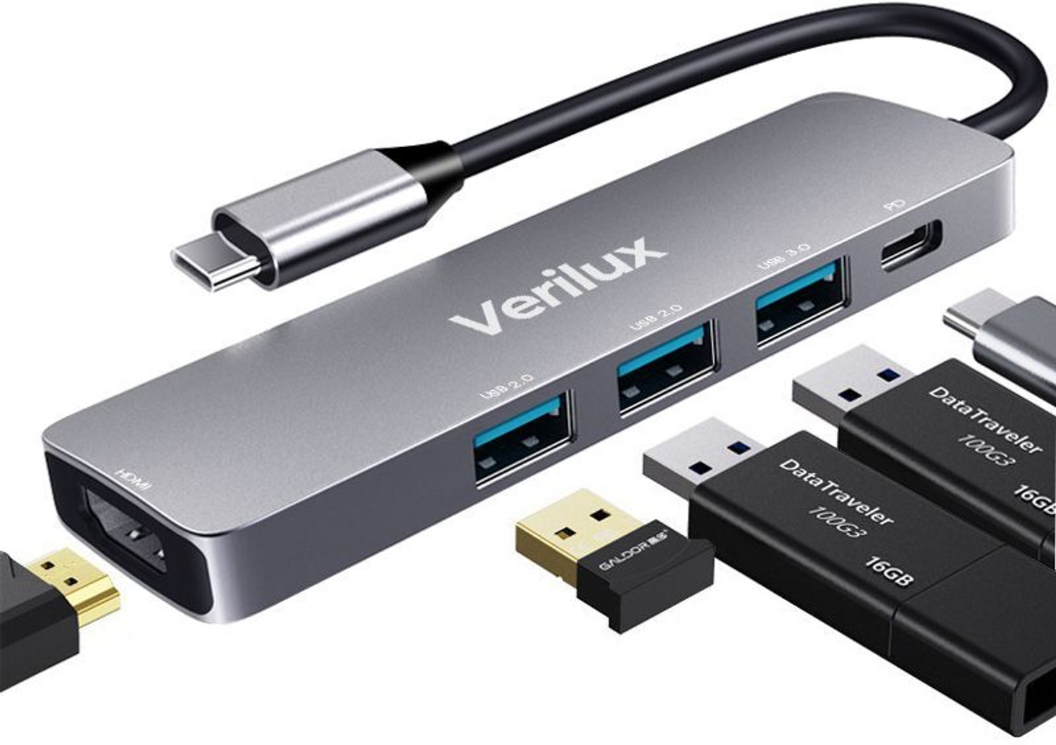Image of Verilux USB C Hub with 4K HDMI Output USB C PD Charging port, 1*USB 3.0,2*USB 2.0 USB C 55W PD Compatible withMacBook Pro /Air /M1More USB C Devices Card Reader (Grey)