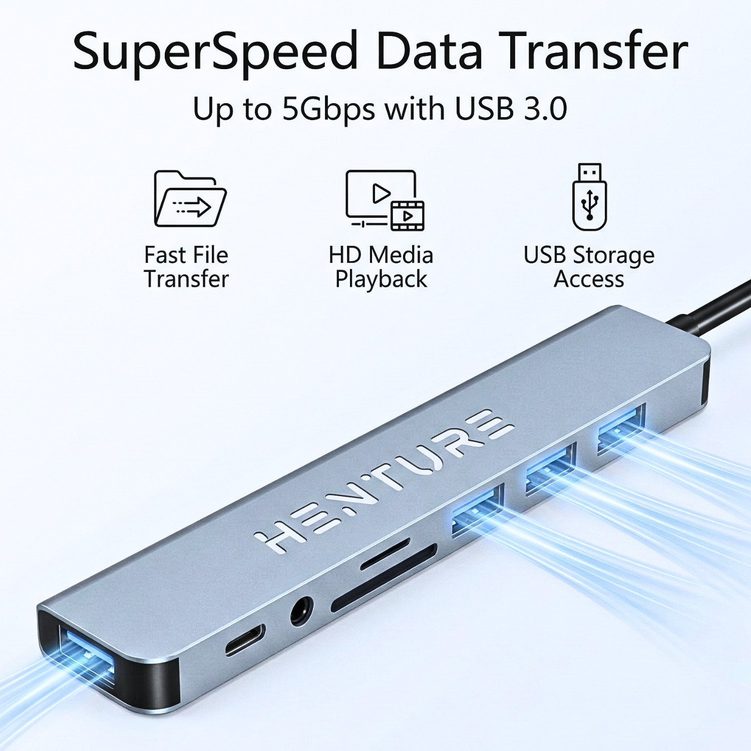Image of Henture 8 in 1 USB Hub with USB 3.0, 3 USB 2.0, SD /TF Card Reader & 3.5mm Audio Dual Connector USB-A & Type-C Multiport Adapter for Laptop, PC & Mac USB Hub (Grey)