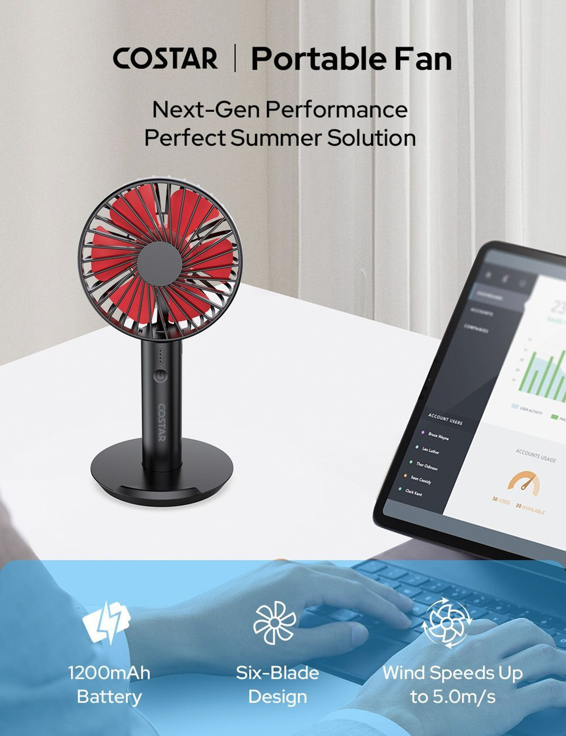 Image of Costar Mini Portable Fan, Brushless Motor Hand Fan with Table Phone Holder Base, 3 Speeds Small Fan, USB Rechargeable Fan for Indoor and Outdoor Use USB Fan (Black, Red)