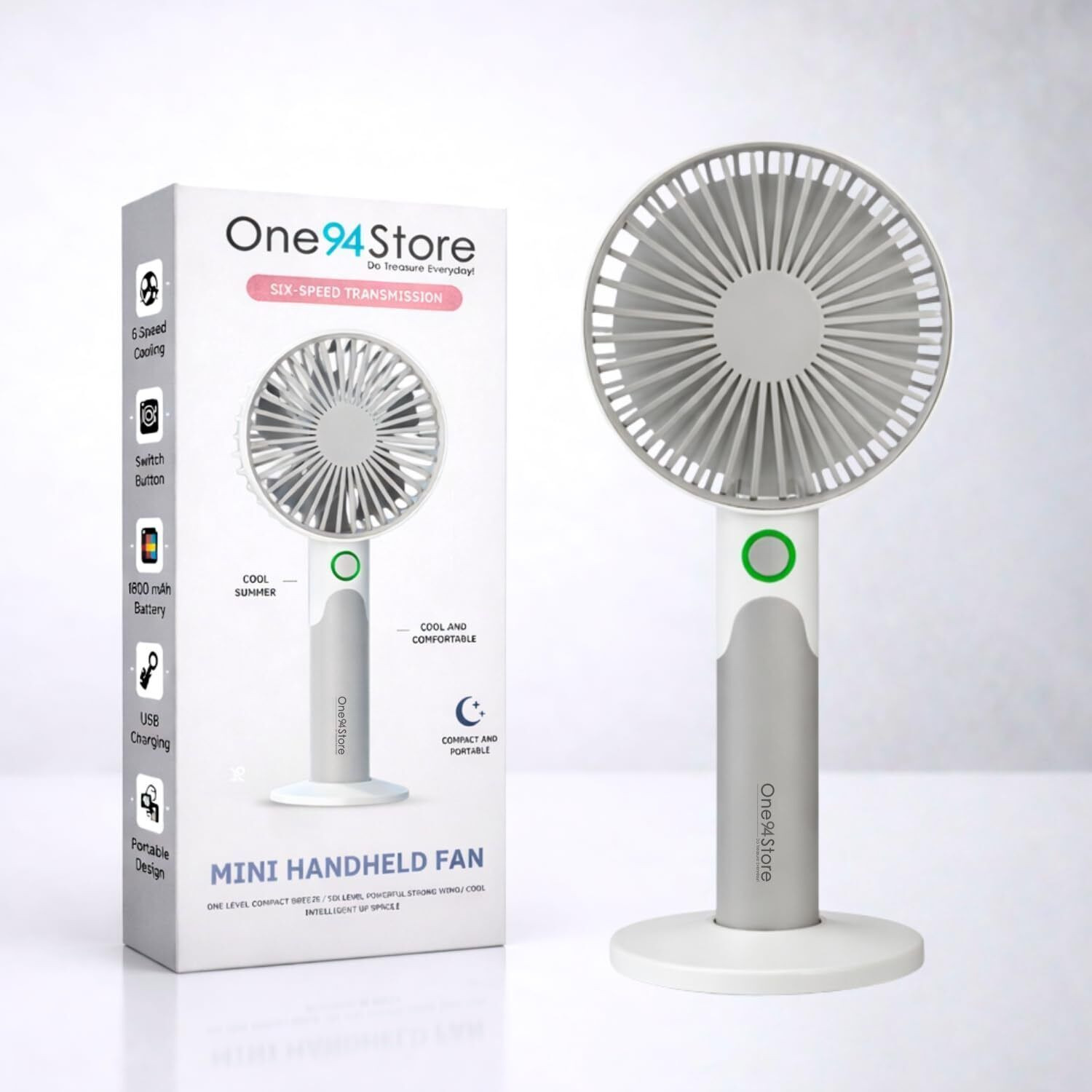 Image of One94Store Premium Mini Fan, 3-Speed Mode, USB Charging Fan, Hand Fan, 1800mAh Battery, Silent High Airflow USB Fan (Grey)
