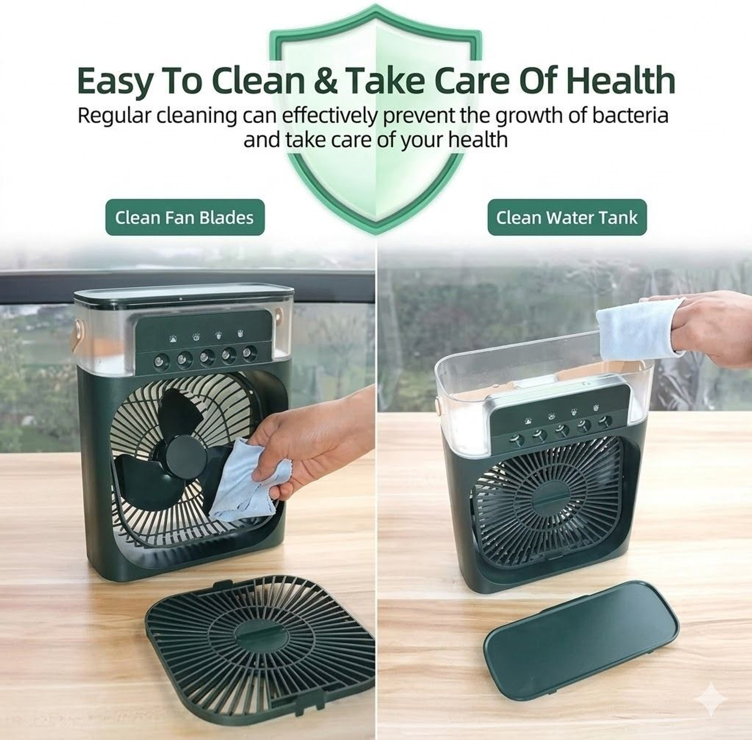 Image of uzone Portable mist cooling fan with powerful 5-Spray airflow-silent operation Air Cooler Spray Function Portable Mist Cooling For Home Office and Outdoor Uses USB Air Cooler (Green)
