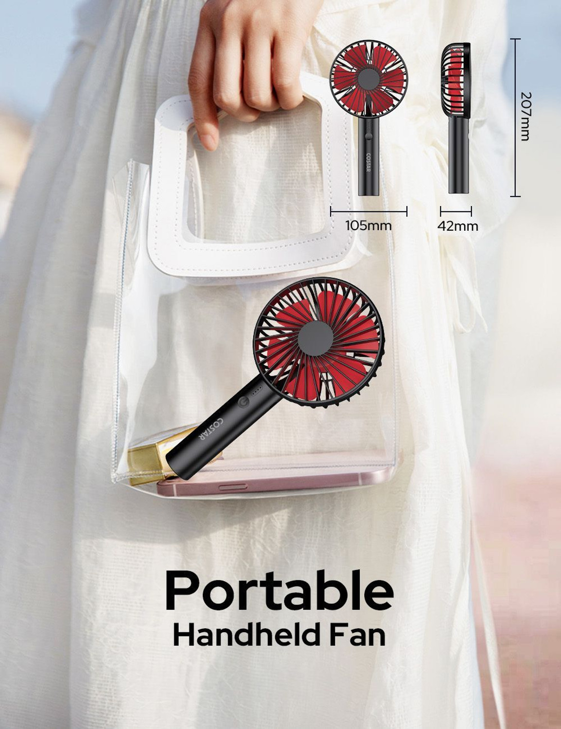 Image of Costar Mini Portable Fan, Brushless Motor Hand Fan with Table Phone Holder Base, 3 Speeds Small Fan, USB Rechargeable Fan for Indoor and Outdoor Use USB Fan (Black, Red)