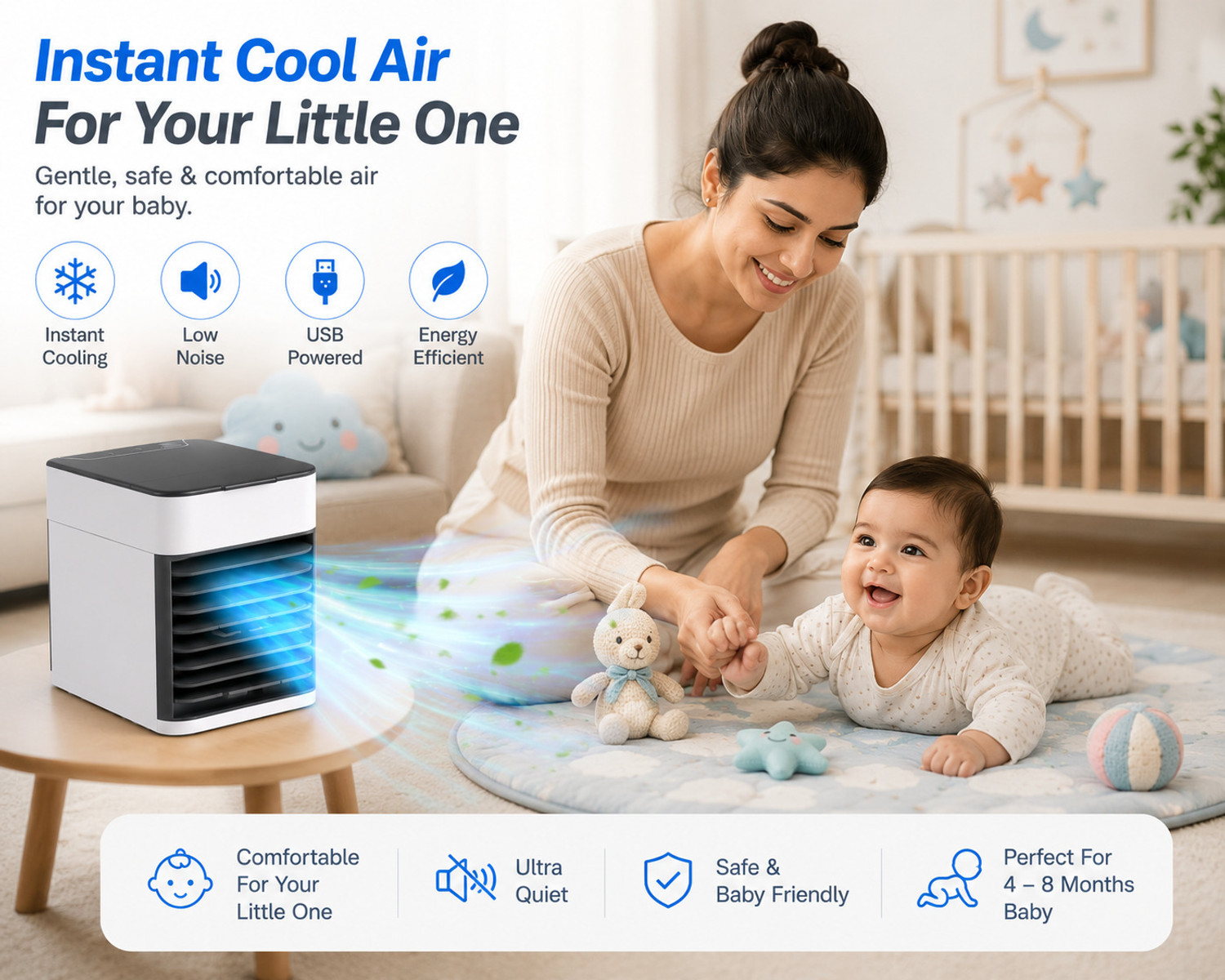 Image of JAVINEX Portable Mini Arctic Air Cooler USB Powered Personal Cooling Fan 3 Speed AAC-01 USB Air Cooler (White, Grey, Blue)