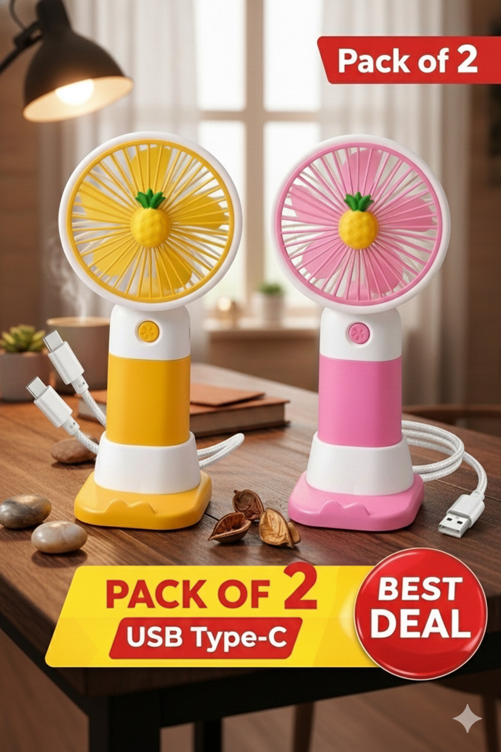 Image of Felinar FELINAR Portable Mini Hand Fan with Stand, 2 Speed Settings, USB Rechargeable Portable Mini Hand Fan with Stand, 2 Speed Settings, USBRechargeable Lightweight USB Fan, Rechargeable Fan (Pink)