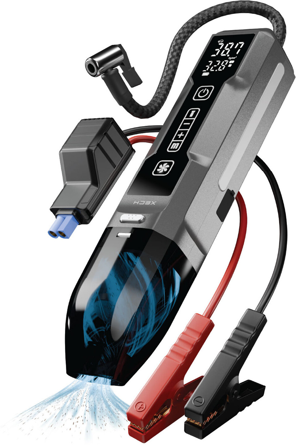 Image of xech Cordless Vacuum cleaner Jump Starter Tyre Inflator Emergency Light 4in1 Supervac Hand-held Vacuum Cleaner with Anti-Bacterial Cleaning (Grey)