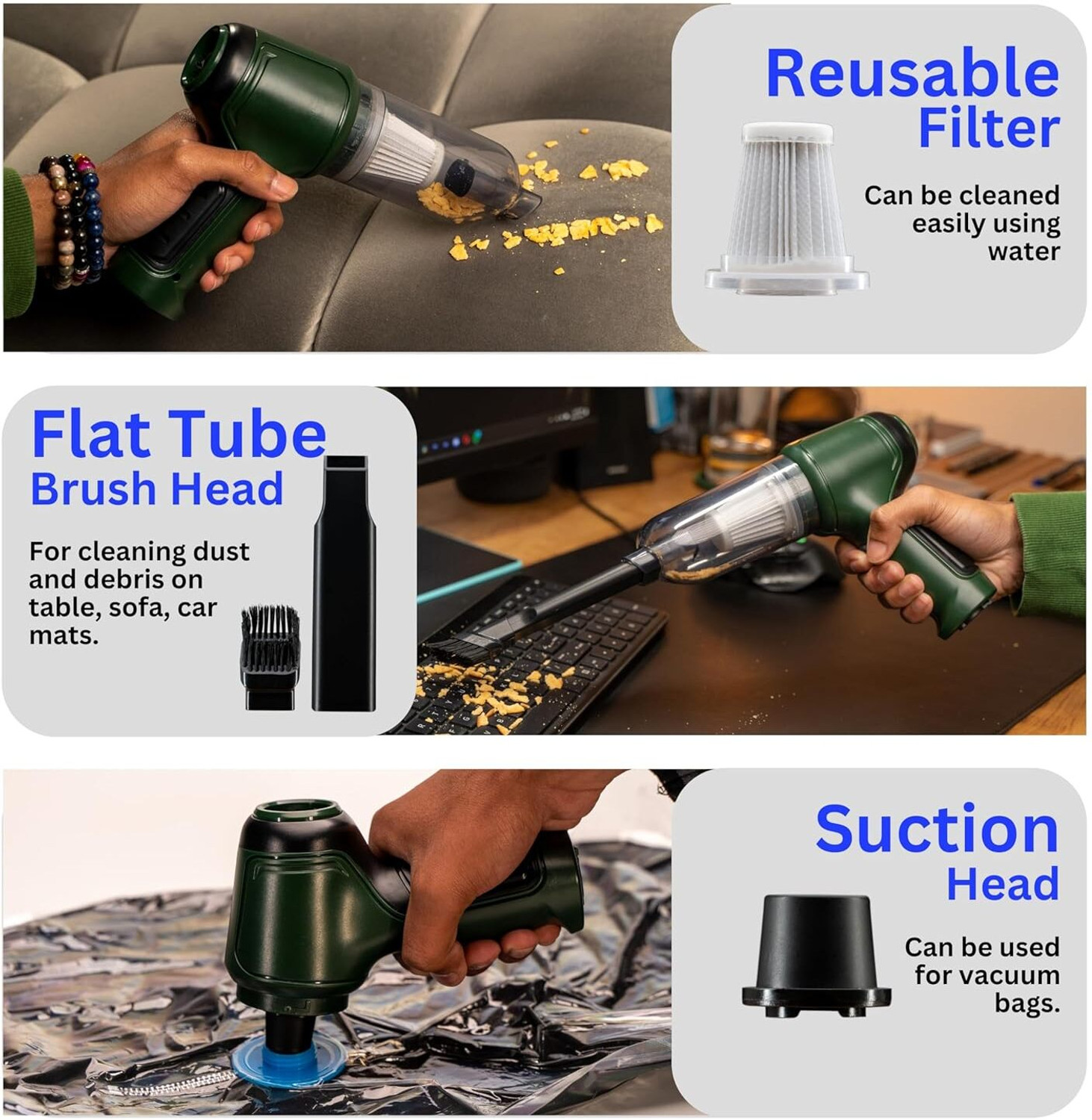 Image of SUPERSTUD car vacuum cleaner and blower with 6 attachments, mini vacuum, car accessories Car Vacuum Cleaner (Green)