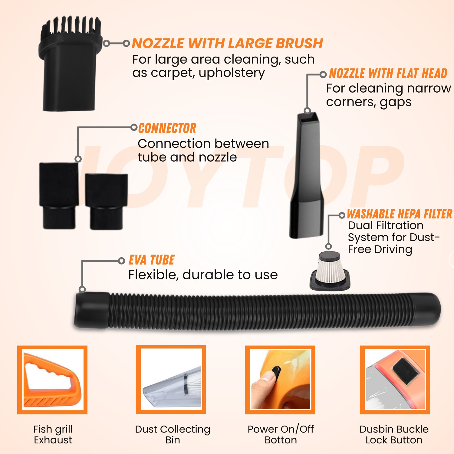 Image of Jaytop Car Vacuum Cleaner with 5 Attachments Hand Held Portable Vacuum for car Cleaning Car Vacuum Cleaner (Orange)