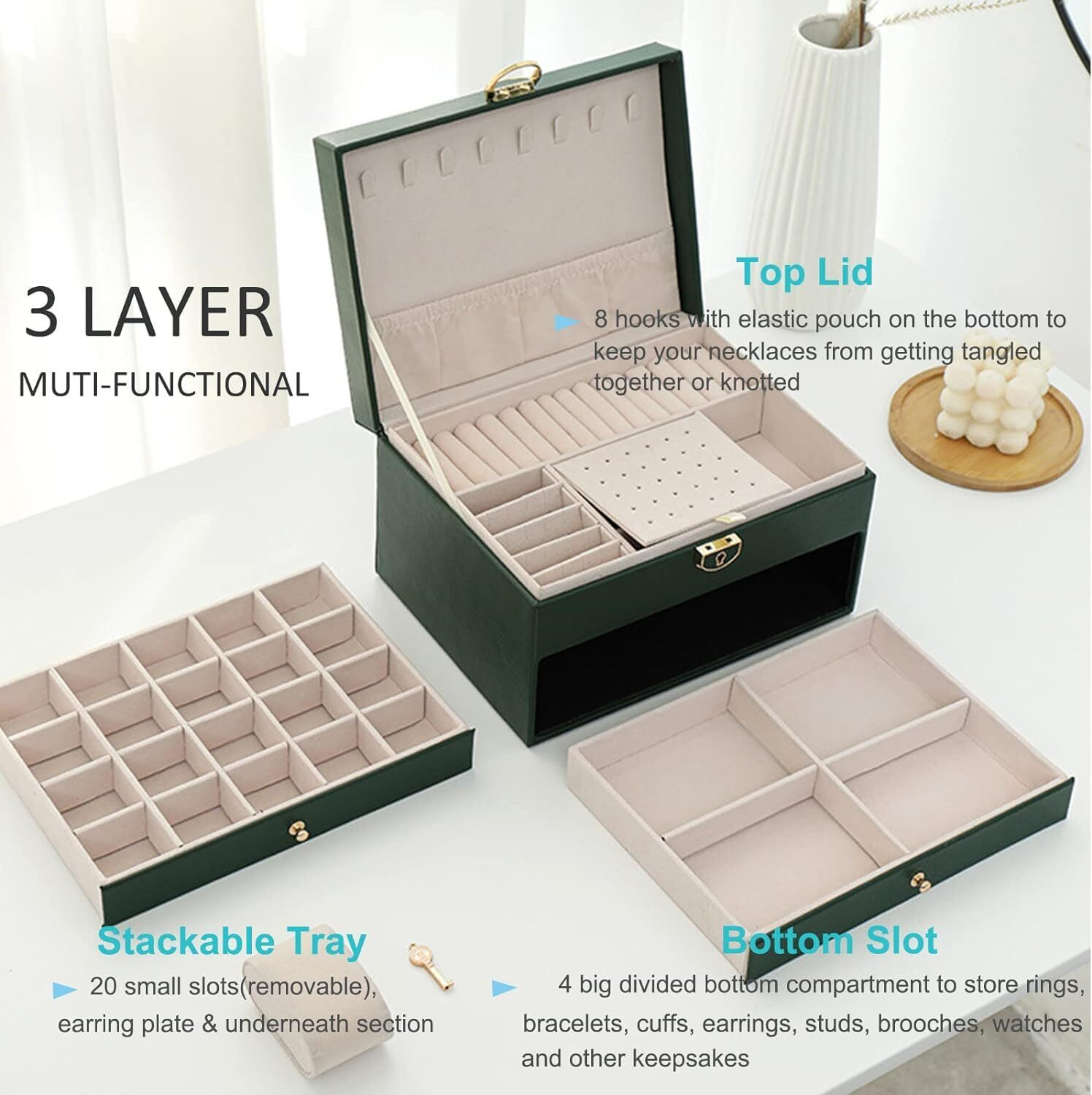 Image of SHRIM 3 Layer Jewellery Box Organizer JEWELERY Vanity Box (Green)