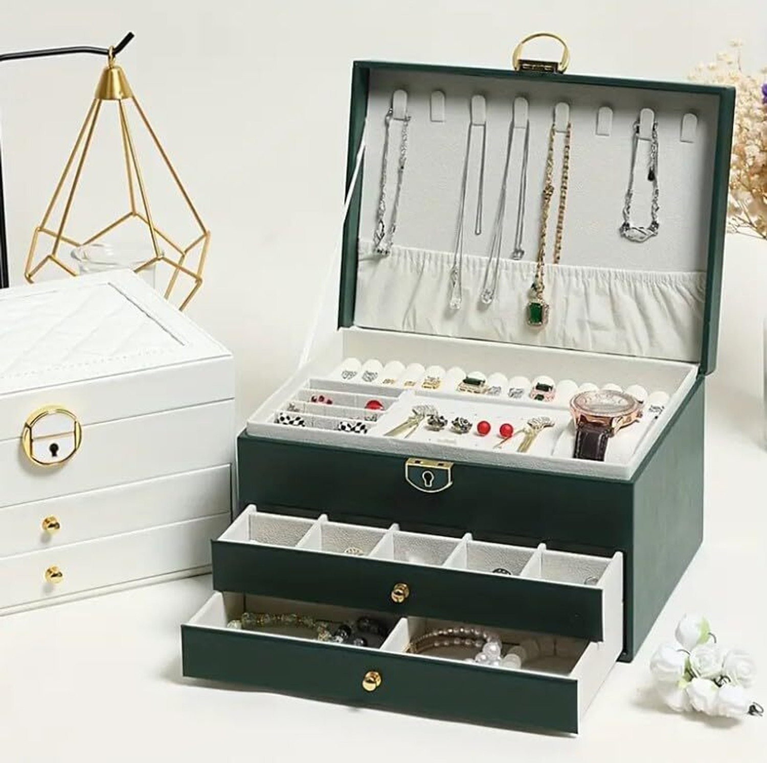 Image of SHRIM 3 Layer Jewellery Box Organizer JEWELERY Vanity Box (Green)