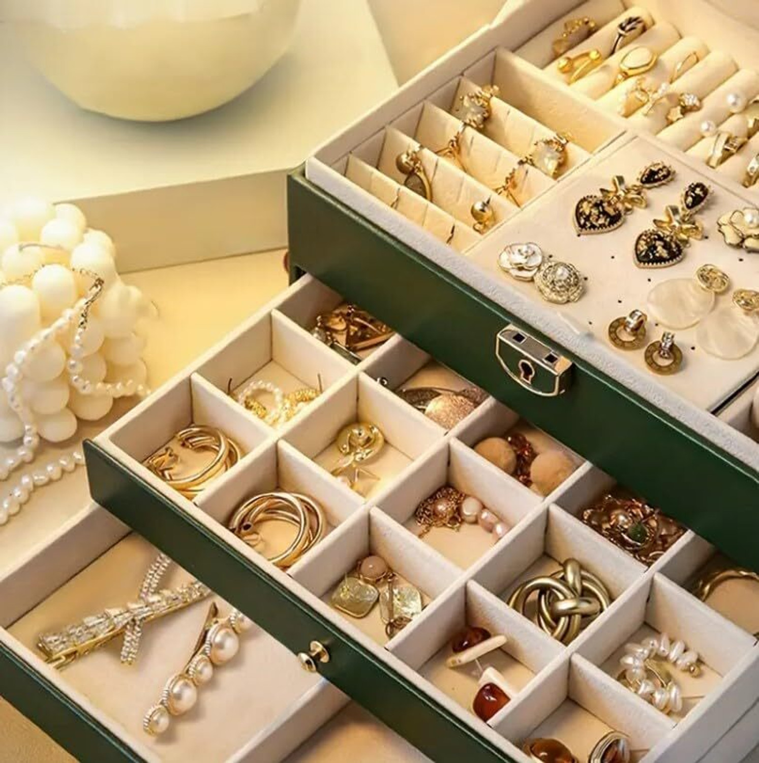 Image of SHRIM 3 Layer Jewellery Box Organizer JEWELERY Vanity Box (Green)