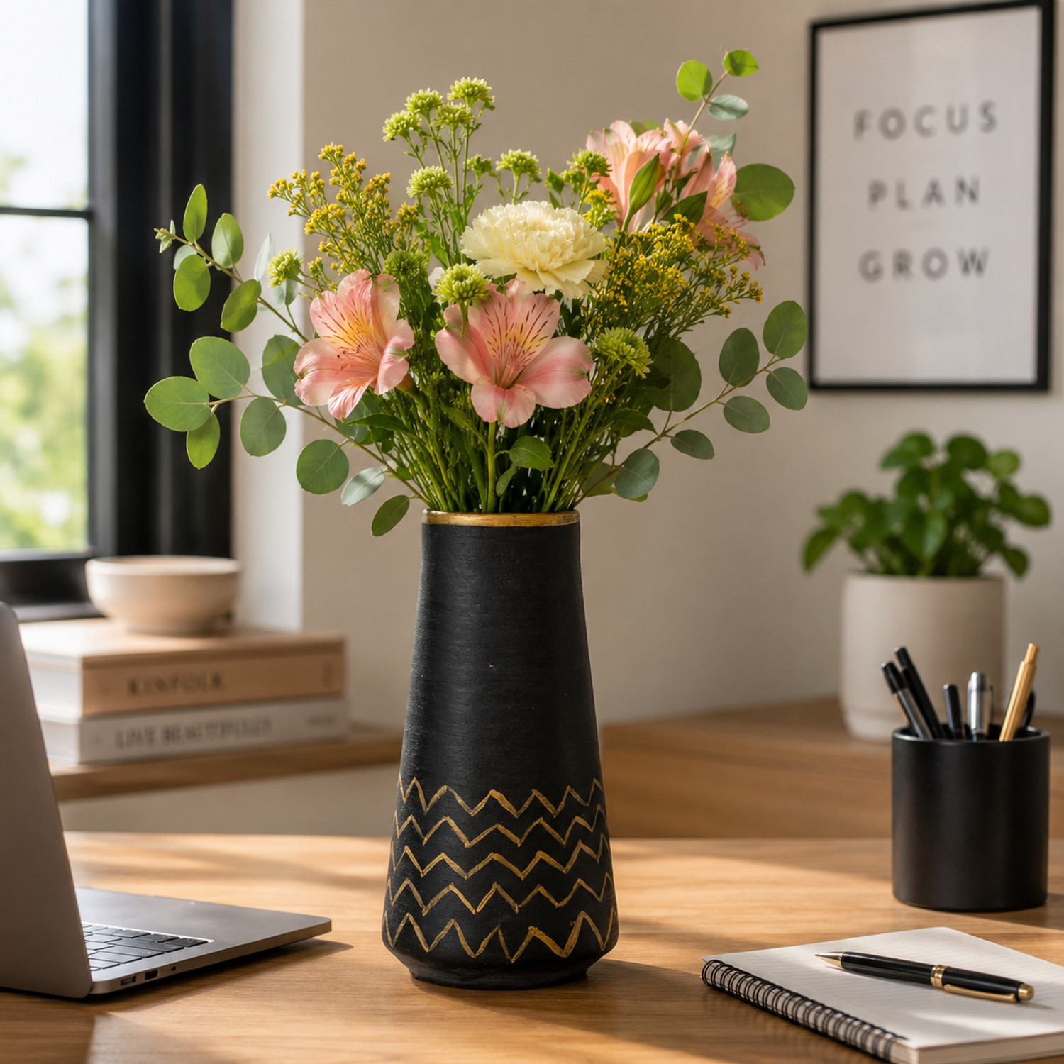 Image of Yamunex Elegant Handcrafted Handpainted Vase | Modern Terracotta Home Decor Accent Plastic Vase (7 inch, Black, Gold)
