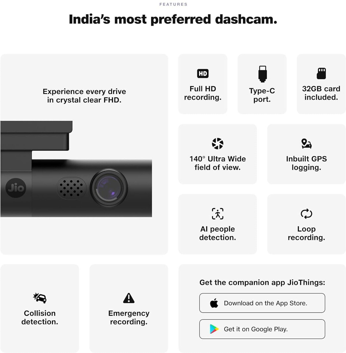 Image of JioEyeQ Dashcam (2026) with GPS|Full HD 2MP |140 Ultrawide |32GB SD|Wi-fi & Mic In-car Camera System (1 Camera, 1080p)