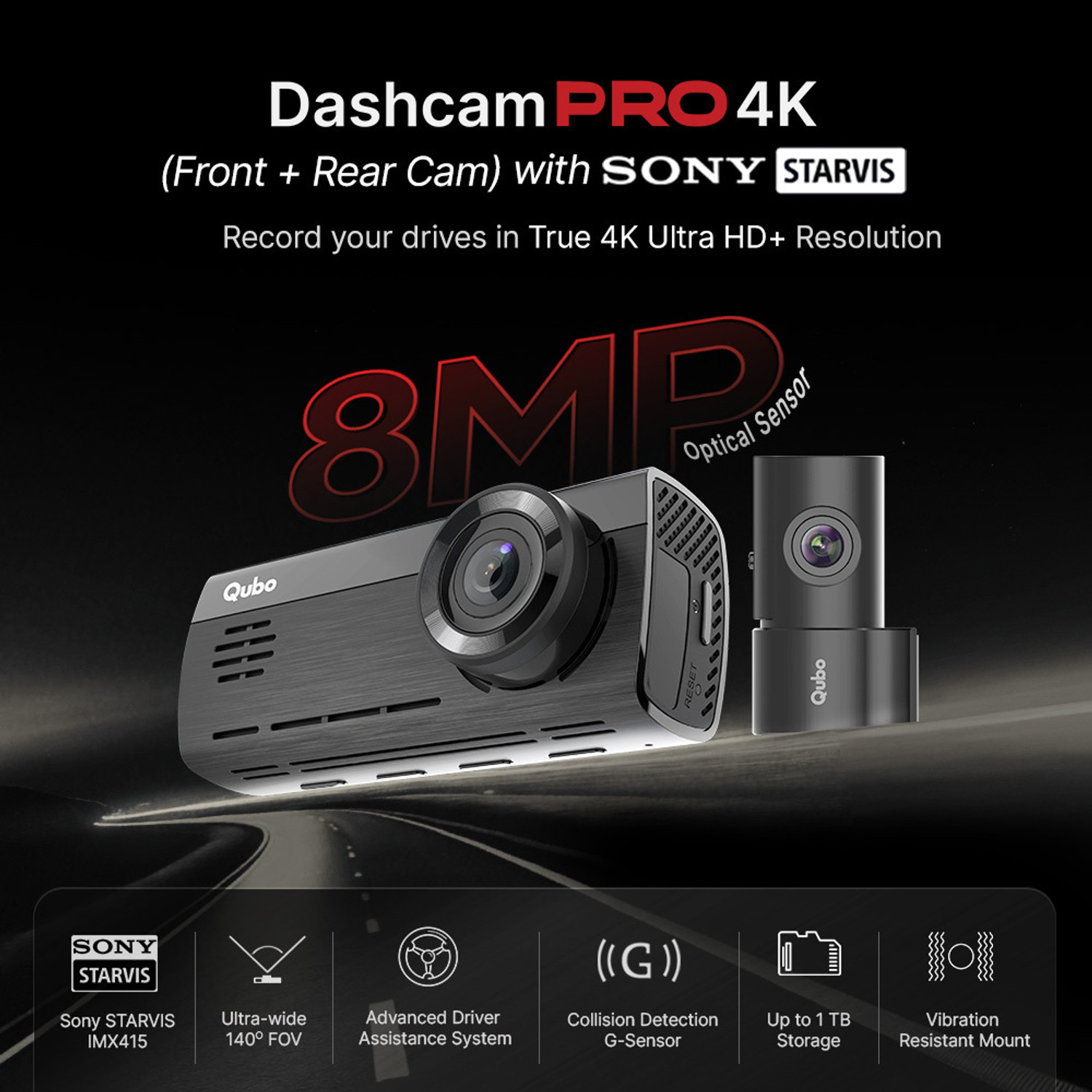 Image of Qubo Smart Dashcam Pro 4K + rear cam Dashboard Camera System (2 Camera, Front (8MP) + rear (2MP))