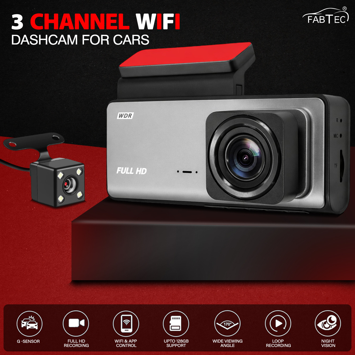 Image of FABTEC Car Dashcam with Front,in Cabin & Rear View Camera|Wifi|Night Vision|G-Sensor Dashboard, In-car, Reverse Assist Camera System (3 Camera, 1680 x 960)