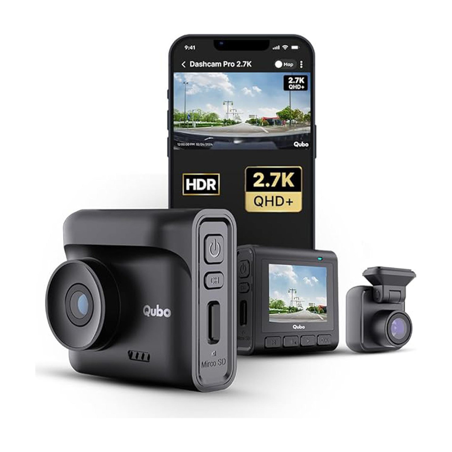 Qubo Smart Dashcam Pro 2.7K + Rear| QHD+| 5MP & 2MP| NightPulse Vision| GPS| 2LCD In-car Camera System