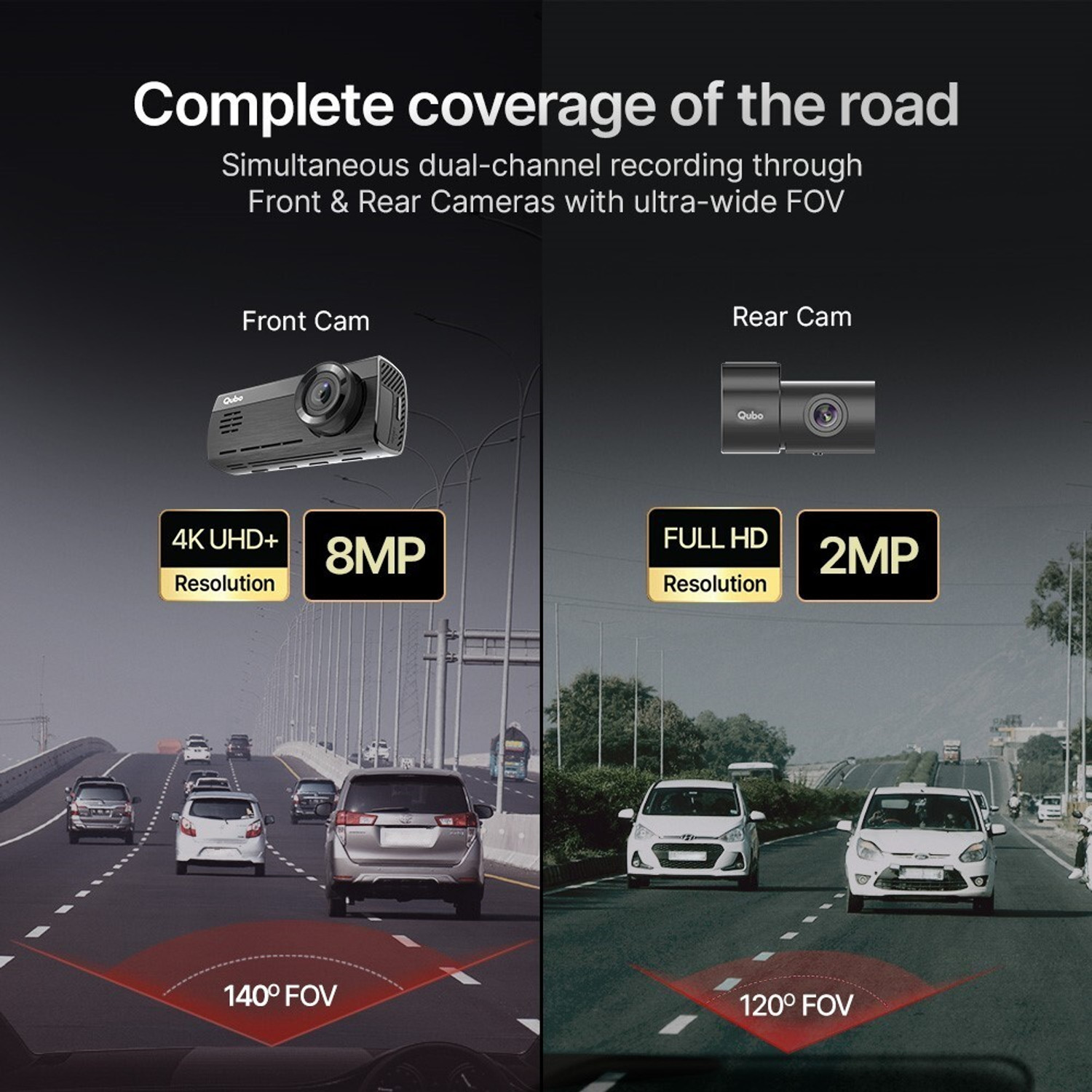 Image of Qubo Smart Dashcam Pro 4K + rear cam Dashboard Camera System (2 Camera, Front (8MP) + rear (2MP))