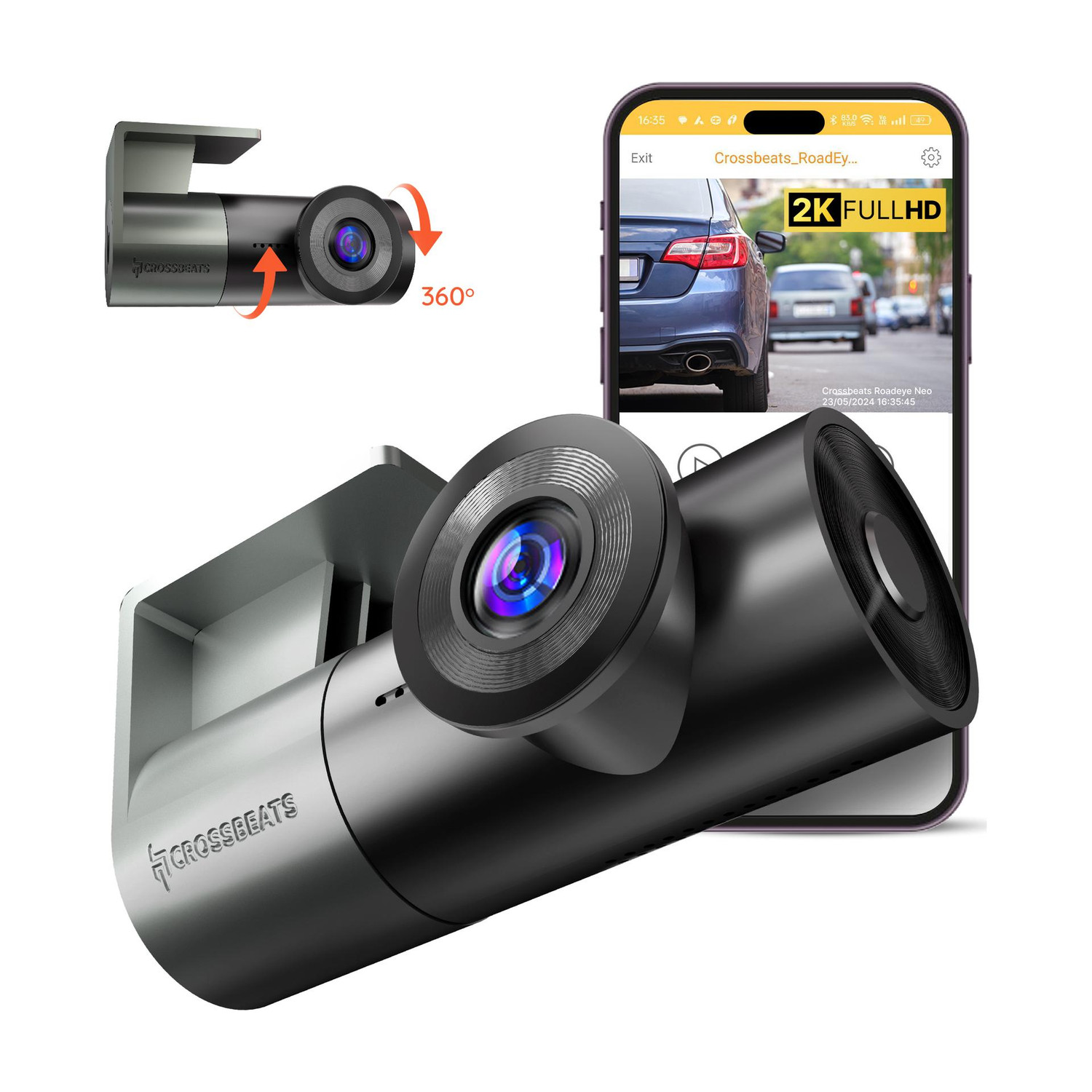 CrossBeats RoadEye Neo 2MP FHD Dashcam|360 Front Cam|170 Wide Angle|G-Sensor|WiFi & App In-car Camera System