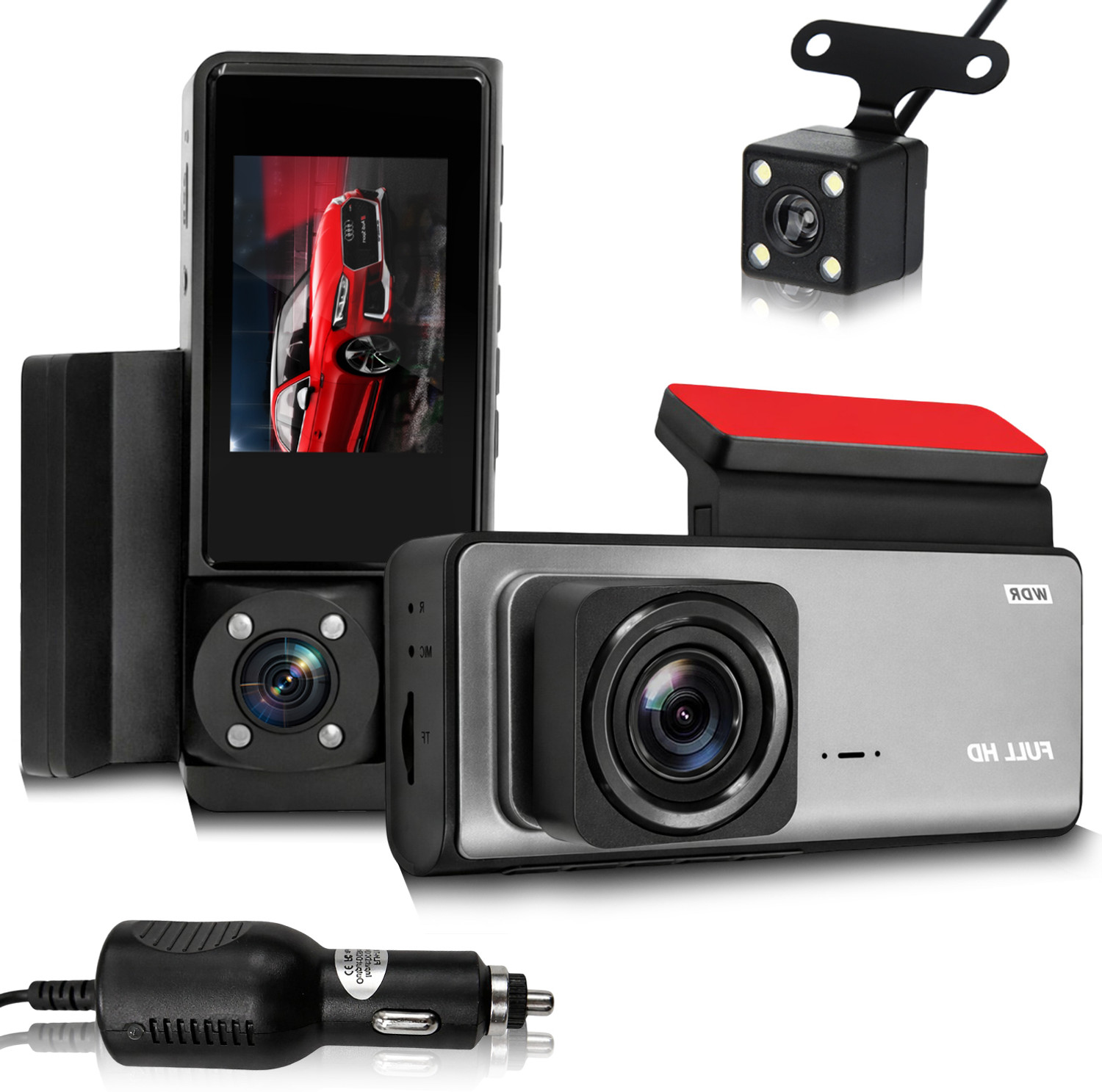 Image of FABTEC Car Dashcam with Front,in Cabin & Rear View Camera|Wifi|Night Vision|G-Sensor Dashboard, In-car, Reverse Assist Camera System (3 Camera, 1680 x 960)