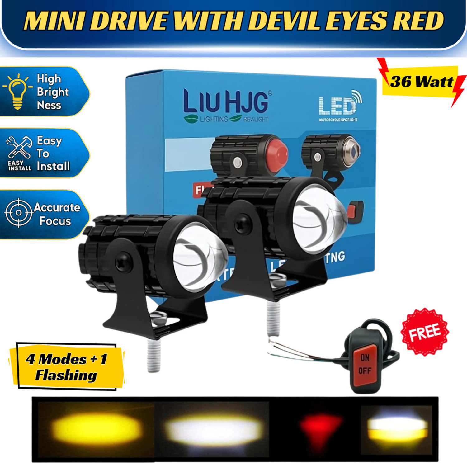 Image of Autozap LIU HJG Mini Driving Yellow White And Red Devil with Flashing Fog Lamp Motorbike, Car LED (12 V, 36 W) (Universal For Bike, Universal For Car, Pack of 3)