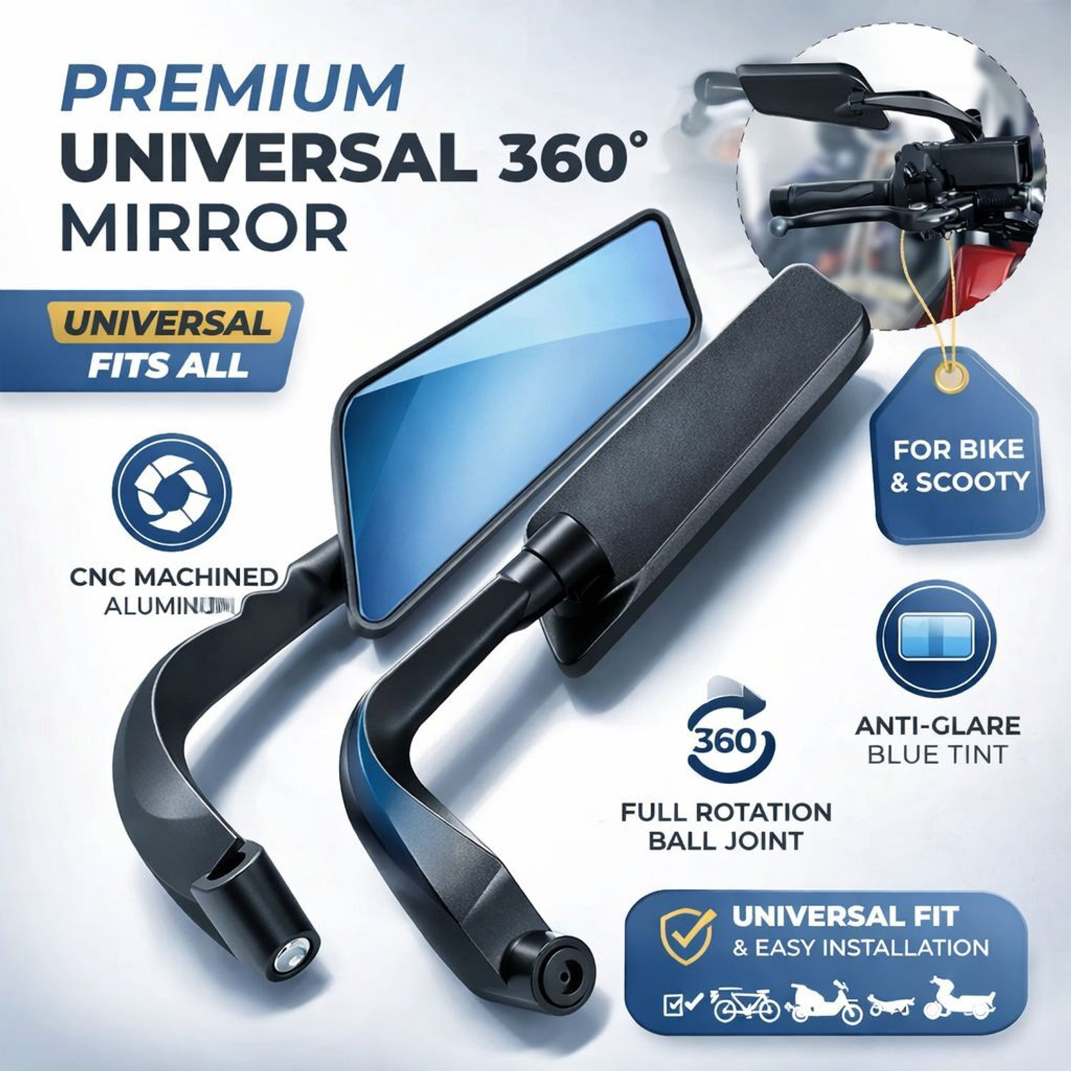Image of TA Manual Blind Spot Mirror, Driver Side, Dual Mirror, Rear View Mirror For Universal For Bike, TVS, Honda, Hero, Bajaj Universal For Bike (Left, Right)