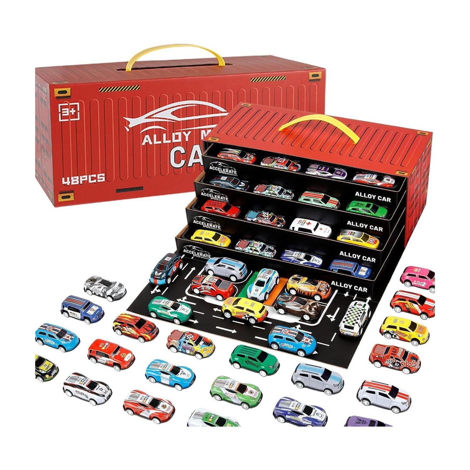 Ccinnoe 48 Pcs Pull Back Alloy Toy Cars Set with Storage Container Mini Racing Cars Toy (Multicolor, Pack of: 1) - Image 1