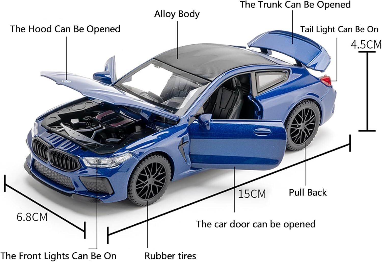 Image of CountryLink M4 1:32 Diecast Alloy Car Toy Pull Back Action with Sound Light Open Doors (Blue)
