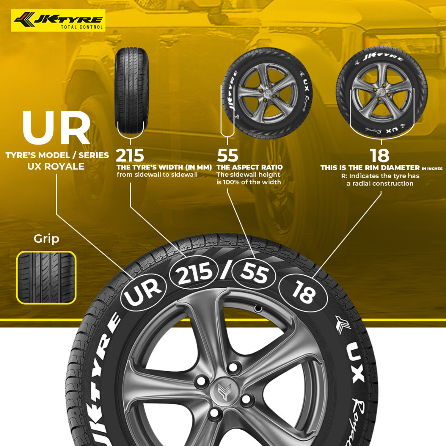 Image of JK Tyres 215 /55 R18 UX ROYALE TUBELESS CAR TYRE 4 Wheeler Tyre (215 /55 R18, Tube Less)