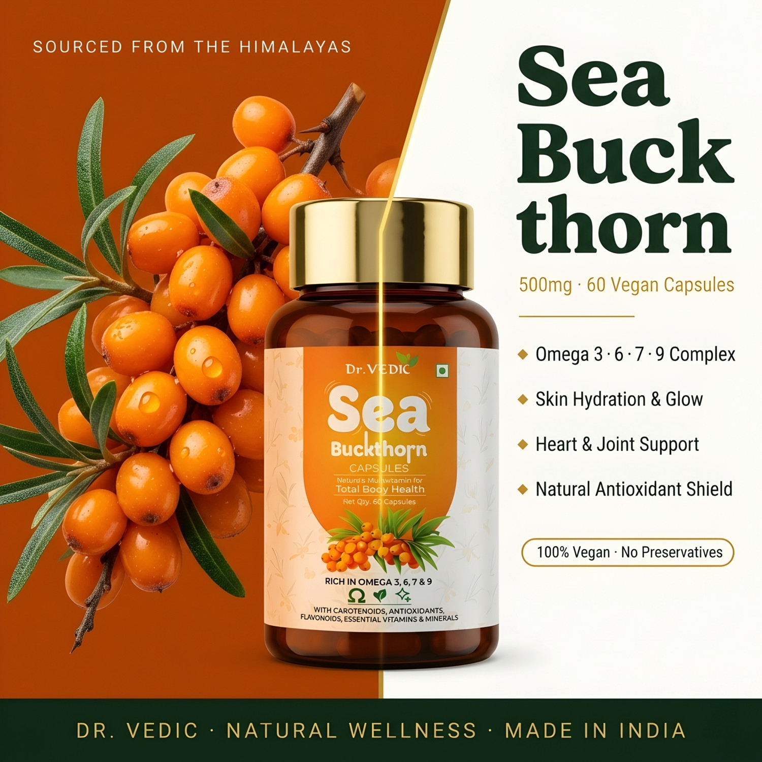 Image of Dr.Vedic Sea Buckthorn Berry Oil 500mg Capsules | Vegan Omega 3, 6, 7 & 9 (3 x 60 Capsules)