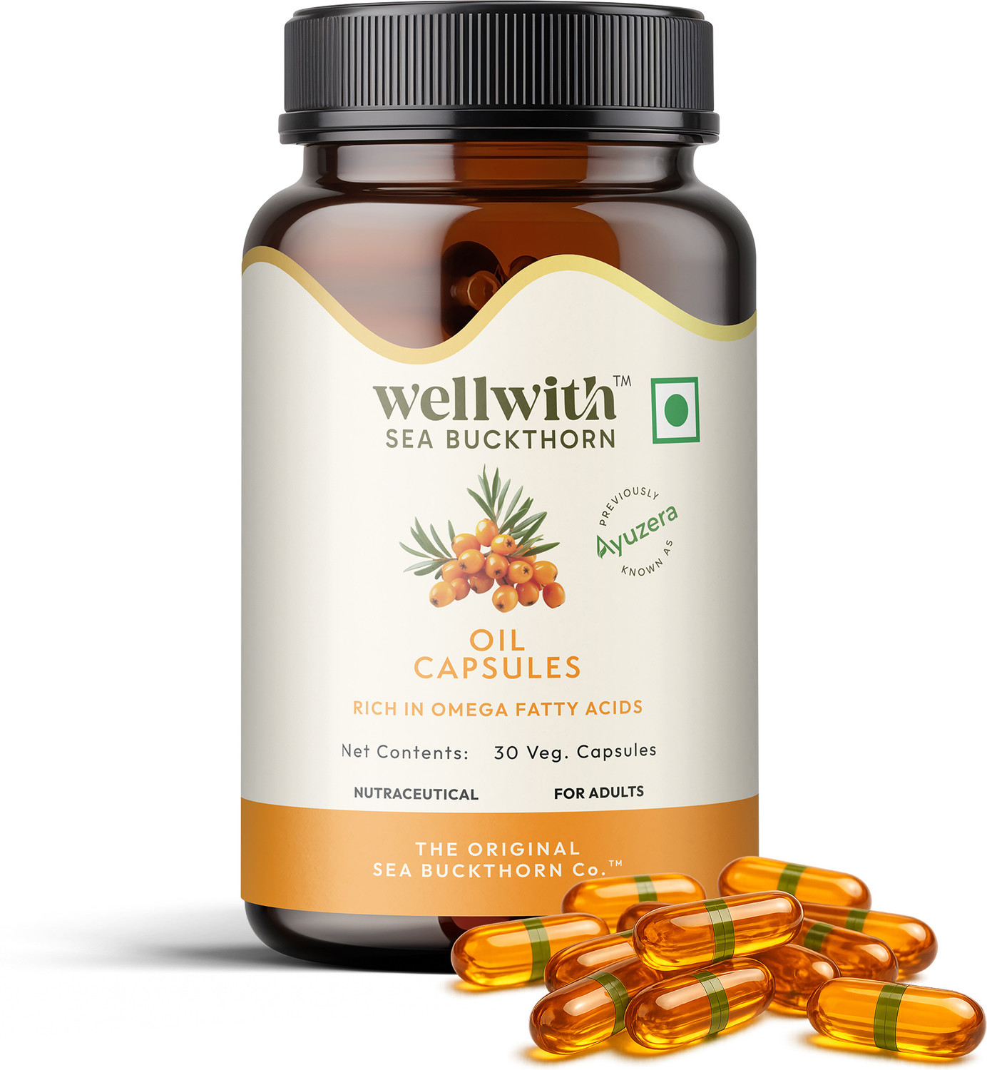 Image of Dr.Vedic Sea Buckthorn Berry Oil 500mg Capsules | Vegan Omega 3, 6, 7 & 9 (3 x 60 Capsules)