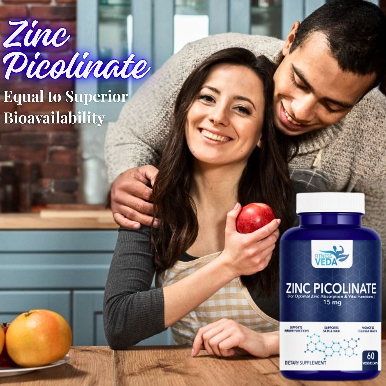 Image of FITNESSVEDA Zinc Picolinate 15mg - High Absorption Zinc Supplement For Immune Support (60 Capsules)