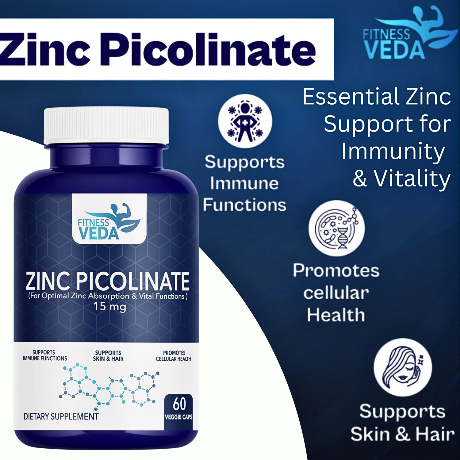 Image of FITNESSVEDA Zinc Picolinate 15mg - High Absorption Zinc Supplement For Immune Support (60 Capsules)