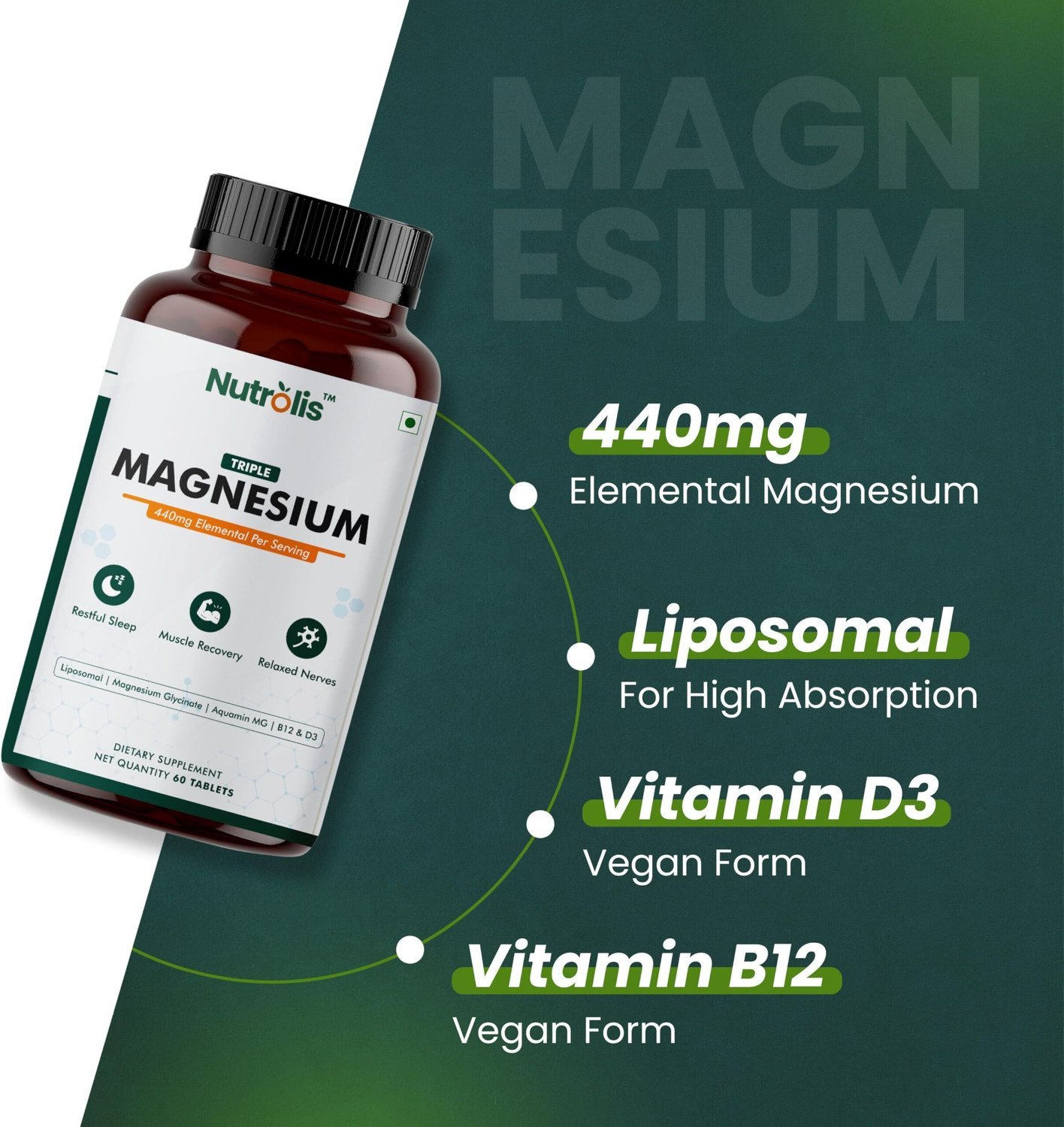 Image of Nutrolis Triple Magnesium Complex | High Absorption | Sleep, Stress & Muscle Recovery (60 Tablets)