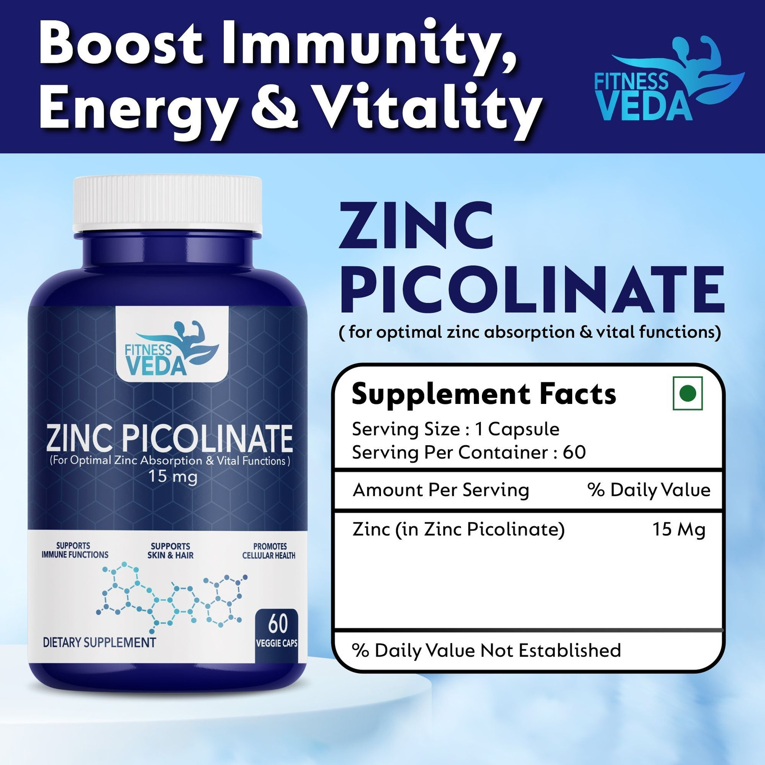 Image of FITNESSVEDA Zinc Picolinate 15mg - High Absorption Zinc Supplement For Immune Support (60 Capsules)